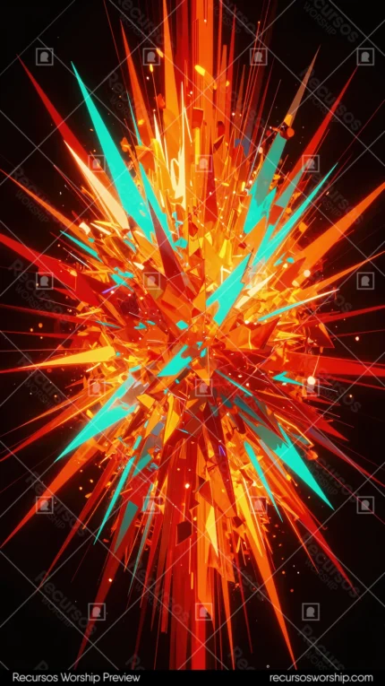Explosion fragmentos geometricos naranja rojo dorado cian fondo negro oscuro vertical impacto digital pixel sort cristales luminosos overlay gaming