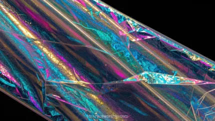 Lamina celofan holografico arrugado iridiscencia espectral cian azul magenta rosa dorado naranja fondo negro horizontal detalle iridiscente cinematografico especular material plastico textura diseno overlay