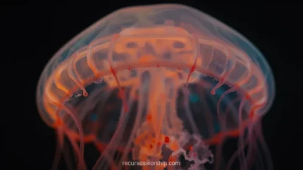 Medusa bioluminiscente naranja rojo tentaculos translucidos cupula cian azul fondo negro horizontal detalle organico fluorescente abismal marina profundidades textura diseno overlay motion graphics