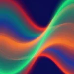 Onda luz espectral doble forma s bandas naranja rojo verde teal luminosas entrelazadas fondo azul indigo profundo vertical ondulado dinamico plasma dual espectral textura diseno overlay