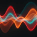 Ondas sinusoidales sonido naranja rojo cian teal trazo blanco central fondo negro vertical detalle musical neon waveform audio visualizacion cromatico textura diseno overlay motion graphics