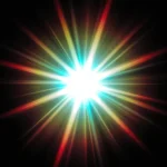 Destello estelar luz blanca intensa rayos espectrales rojo naranja amarillo cian irradiando centro fondo negro vertical puntual explosivo starburst cosmico prismatico textura diseno overlay