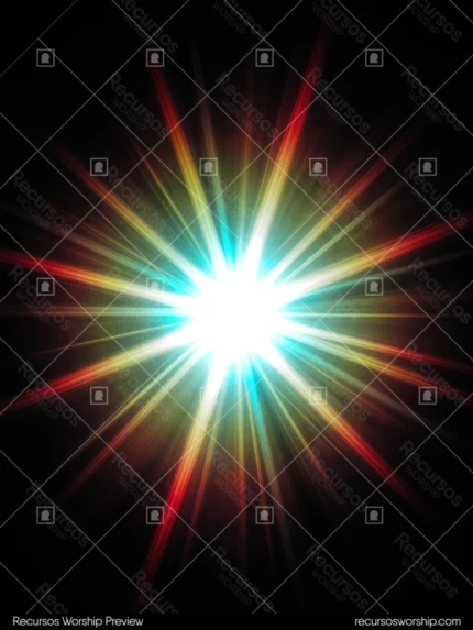 Destello estelar luz blanca intensa rayos espectrales rojo naranja amarillo cian irradiando centro fondo negro vertical puntual explosivo starburst cosmico prismatico textura diseno overlay