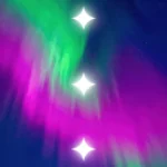 Aurora boreal verde intensa magenta rosa tres destellos estelares blancos alineados verticalmente cielo azul nocturno vertical general atmosferico magico noche polar espectral textura diseno overlay