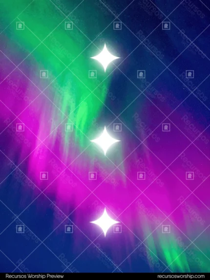 Aurora boreal verde intensa magenta rosa tres destellos estelares blancos alineados verticalmente cielo azul nocturno vertical general atmosferico magico noche polar espectral textura diseno overlay