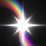Estrella luz blanca brillante arco arcoiris espectral curvo diagonal fondo negro vertical geometrico prismatico refraccion luz blanca espectro textura diseno overlay motion graphics