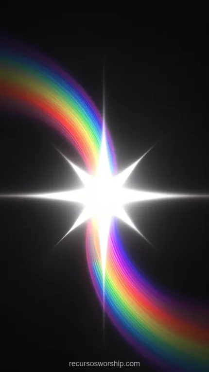 Estrella luz blanca brillante arco arcoiris espectral curvo diagonal fondo negro vertical geometrico prismatico refraccion luz blanca espectro textura diseno overlay motion graphics