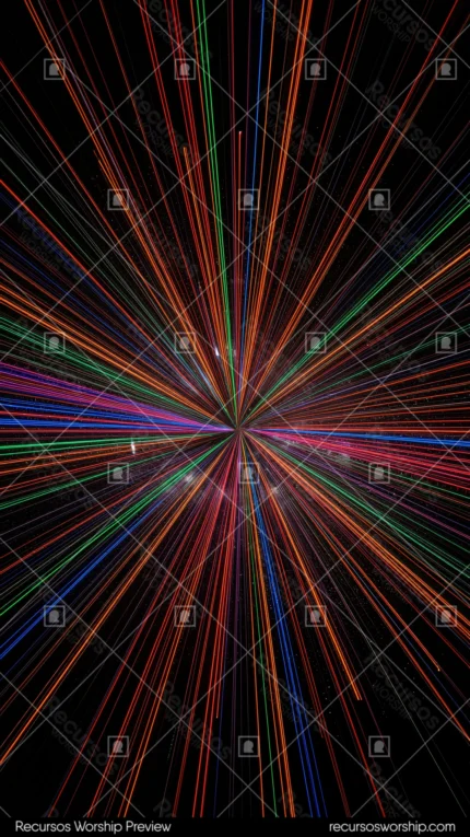 Rayos luz multicolor arcoiris rojo naranja amarillo verde azul morado radiales punto central fondo negro vertical explosivo zoom burst espectral textura diseno overlay motion graphics