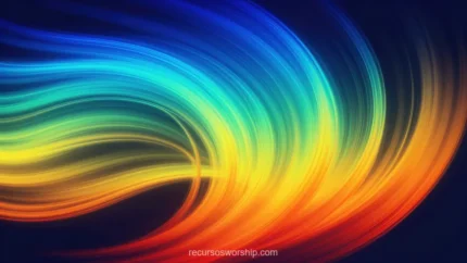 Ola espectral curvada arcoiris azul indigo naranja rojo lineas flujo suaves fondo azul oscuro horizontal general dinamico fluido aurora energia espectral textura diseno overlay motion graphics