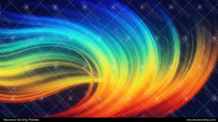 Ola espectral curvada arcoiris azul indigo naranja rojo lineas flujo suaves fondo azul oscuro horizontal general dinamico fluido aurora energia espectral textura diseno overlay motion graphics