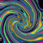 Espiral pintura acrílica fluida psicodelica cian magenta rosa amarillo negro fondo negro remolino circular denso vertical caotico vibrante cmyk psicodelico textura diseno overlay arte