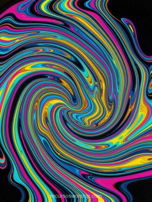 Espiral Pintura Acrílica Fluida Cian Magenta Amarillo Negro Remolino Denso Caótico Vertical CMYK Espiral pintura acrílica fluida psicodelica cian magenta rosa amarillo negro fondo negro remolino circular denso vertical caotico vibrante cmyk psicodelico textura diseno overlay arte