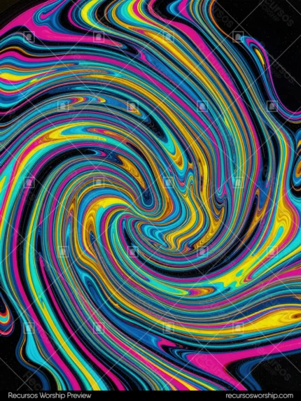 Espiral pintura acrílica fluida psicodelica cian magenta rosa amarillo negro fondo negro remolino circular denso vertical caotico vibrante cmyk psicodelico textura diseno overlay arte