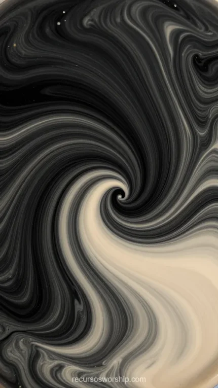 Espiral marmol negro crema remolino denso destellos luz blancos fondo oscuro vertical elegante yin yang clasico premium sofisticado textura diseno overlay editorial branding lujo