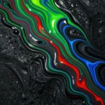 Pintura holografica franjas fluidas verde neon rojo azul electrico superficie negra texturizada gotas burbujas vertical organico holografico intenso tinta textura diseno overlay motion graphics