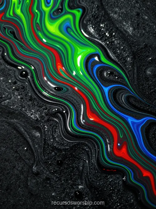 Franjas Holográficas Verde Neón Rojo Azul Eléctrico Superficie Negra Texturizada Gotas Burbujas Vertical Pintura holografica franjas fluidas verde neon rojo azul electrico superficie negra texturizada gotas burbujas vertical organico holografico intenso tinta textura diseno overlay motion graphics
