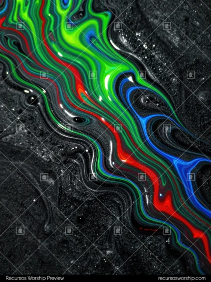 Pintura holografica franjas fluidas verde neon rojo azul electrico superficie negra texturizada gotas burbujas vertical organico holografico intenso tinta textura diseno overlay motion graphics