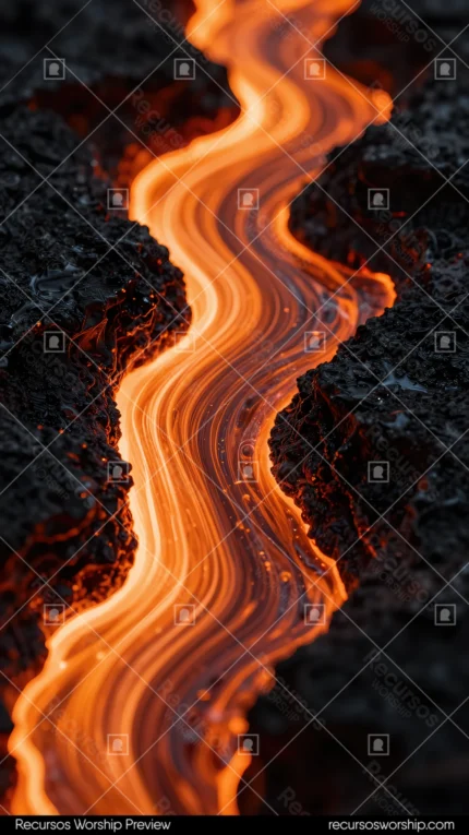 Flujo lava fundida naranja rojo brillante serpenteando roca volcanica negra rugosa vertical geologico candente naturaleza extrema intensidad termica textura diseno overlay motion graphics