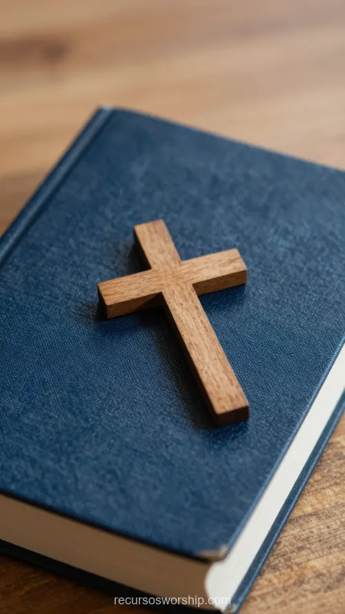 Biblia Azul Grisáceo con Cruz de Madera Primer Plano Íntimo Primer plano de Biblia cerrada azul grisáceo con pequeña cruz de madera natural sobre cubierta y fondo de madera cálida bokeh