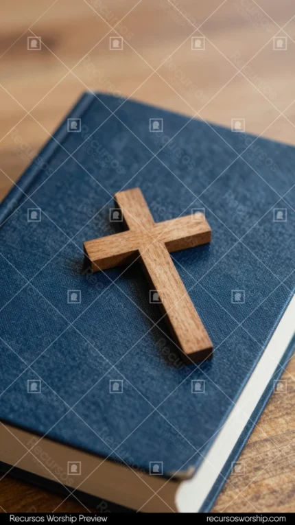 Primer plano de Biblia cerrada azul grisáceo con pequeña cruz de madera natural sobre cubierta y fondo de madera cálida bokeh