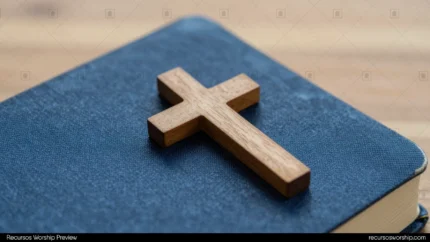 Primer plano horizontal de Biblia azul marino cerrada con cruz de madera natural inclinada sobre cubierta fondo madera bokeh cálido