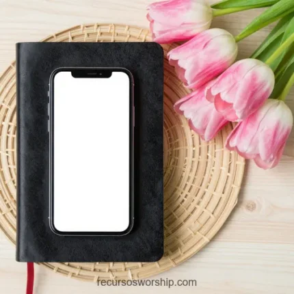 Biblia negra con marcapáginas rojo y smartphone pantalla blanca sobre salvamanteles ratán junto a tulipanes rosas frescos madera clara cenital