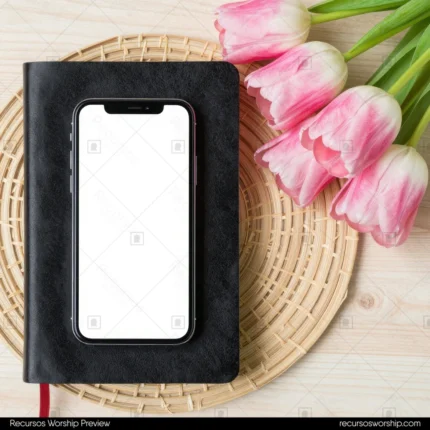 Biblia negra con marcapáginas rojo y smartphone pantalla blanca sobre salvamanteles ratán junto a tulipanes rosas frescos madera clara cenital