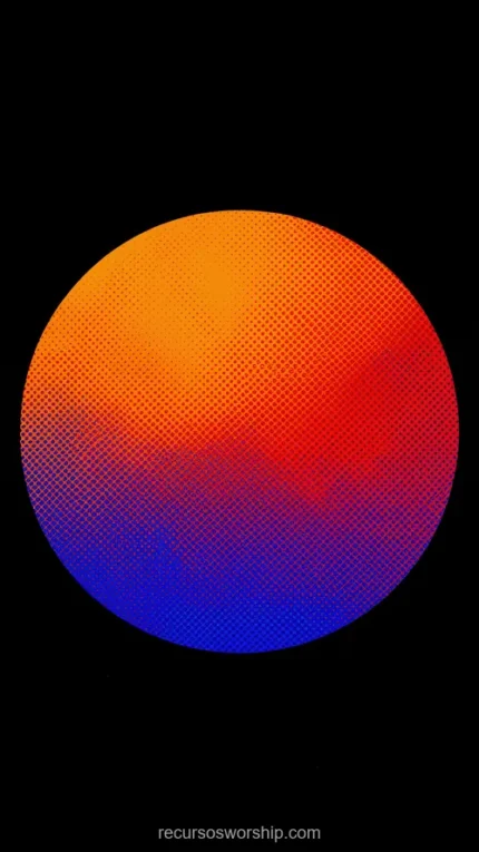 Orbe circular gradiente halftone puntos naranja rojo azul indigo fondo negro vertical geometrico pop art esfera dual alta saturacion textura diseno overlay motion graphics editorial