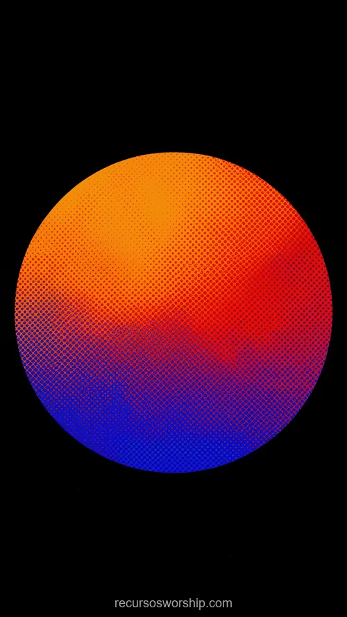 Orbe Circular Halftone Puntos Naranja Rojo Superior Azul Índigo Inferior Fondo Negro Vertical Pop Art Orbe circular gradiente halftone puntos naranja rojo azul indigo fondo negro vertical geometrico pop art esfera dual alta saturacion textura diseno overlay motion graphics editorial
