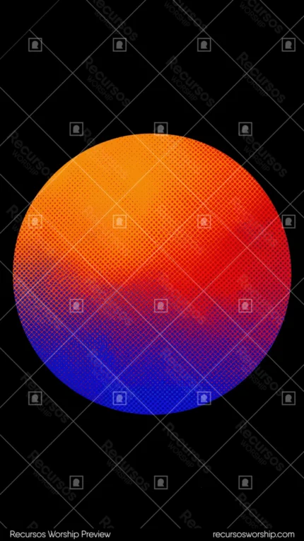 Orbe circular gradiente halftone puntos naranja rojo azul indigo fondo negro vertical geometrico pop art esfera dual alta saturacion textura diseno overlay motion graphics editorial