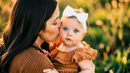 Madre morena cabello largo besando mejilla bebe niña ojos azules moño blanco vestido naranja exterior luz hora dorada bokeh verde horizontal cercano