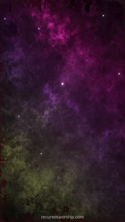 Fondo nebuloso gritty morado magenta verde oliva estrellas diminutas particulas polvo estelar base negra vertical general oscuro atmosferico cosmica distressed textura diseno overlay motion graphics dark