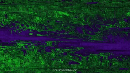 Interferencia analogica formas abstractas verde neon banda central morado violeta fondo negro horizontal caotico digital glitch analogico corrupcion señal uv cyberpunk textura diseno overlay