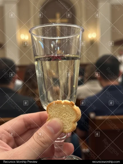 Mano sosteniendo oblea comunion floral pequena copa cristal flauta vino blanco claro interior iglesia clasica fieles sentados fondo borroso vertical intimo liturgico real autentico
