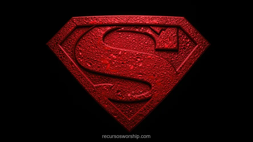 Escudo Rombo Letra S Relieve Metálico Rojo Gotas Agua Tridimensional Fondo Negro Horizontal Heroico Escudo forma rombo letra S central relieve metalico rojo intenso textura gotas agua micro-relieve tridimensional fondo negro horizontal icono heroico poder proteccion guerrero espiritual