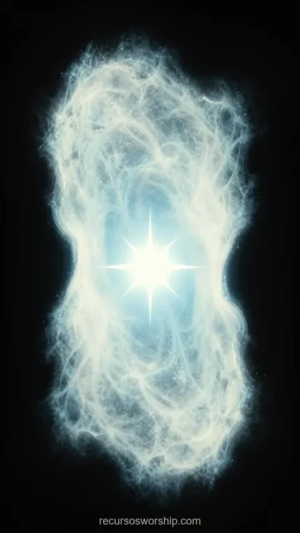 Nebula blanca luminosa orbe alargado vertical destello estelar blanco brillante centro fondo negro cosmico etereo portal luz textura diseno overlay motion graphics espiritualidad astronomia