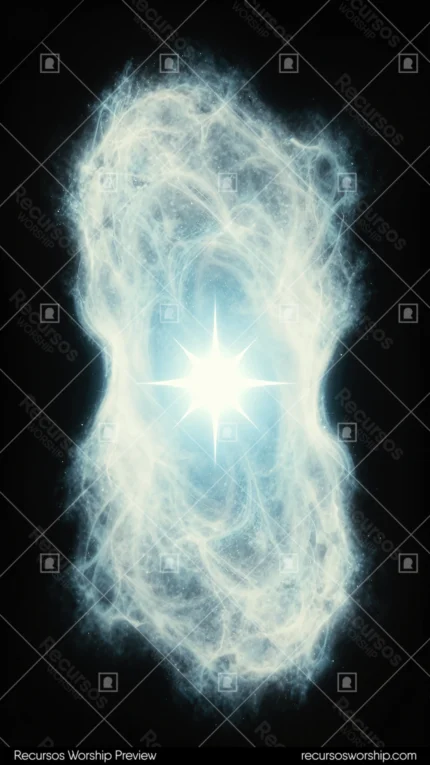 Nebula blanca luminosa orbe alargado vertical destello estelar blanco brillante centro fondo negro cosmico etereo portal luz textura diseno overlay motion graphics espiritualidad astronomia