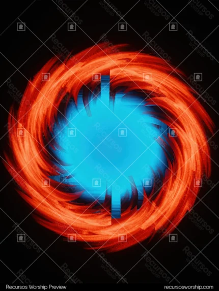 Vortice circular espiral fuego naranja rojo nucleo luz azul cian intenso fondo negro vertical explosivo portal plasma fuego hielo dual textura diseno overlay motion graphics gaming