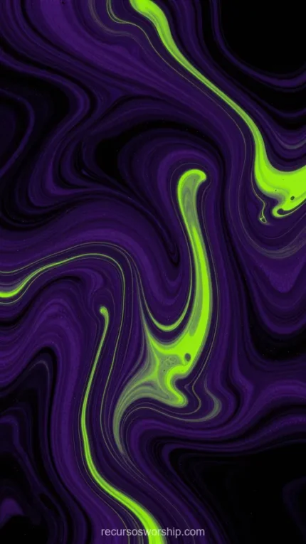 Marmol fluido morado violeta intenso venas verde neon brillante fondo negro vertical oscuro vibrante psicodelico dual contraste maximo textura diseno overlay motion graphics dark gaming