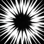Explosion radial rayos blancos punta estrella irregular textura grunge gritty fondo negro vertical explosivo contrastado starburst blanco negro maxima tension visual textura diseno overlay