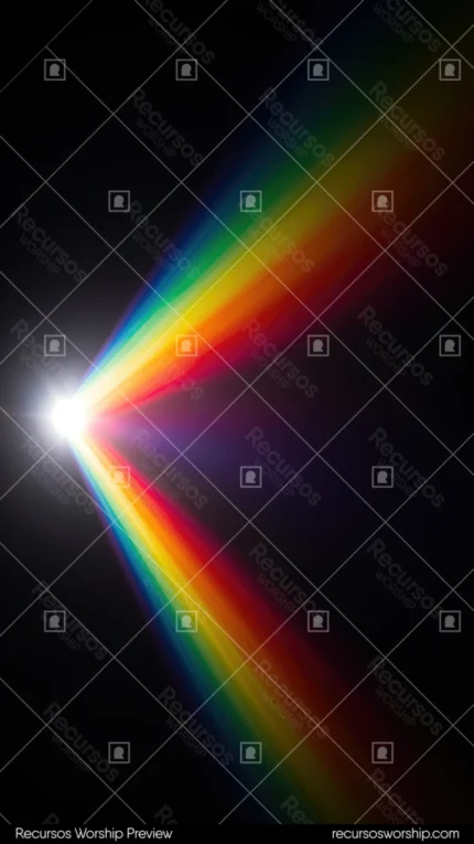 Rayo luz arcoiris espectral fuente luminosa blanca izquierda expandiendose abanico derecha fondo negro vertical prismatico cinematografico descomposicion espectral textura diseno overlay