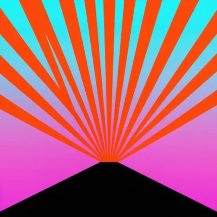 Rayos luz rojo naranja cian turquesa abanico punto central montaña negra triangular fondo magenta rosa degradado cuadrado retroburst geometrico pop alta energia louder worship
