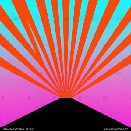 Rayos luz rojo naranja cian turquesa abanico punto central montaña negra triangular fondo magenta rosa degradado cuadrado retroburst geometrico pop alta energia louder worship