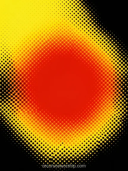 Textura halftone circular concentrica nucleo rojo naranja luminoso irradia amarillo negro puntos trama diferente tamaño vertical retro pop foco energia adoracion