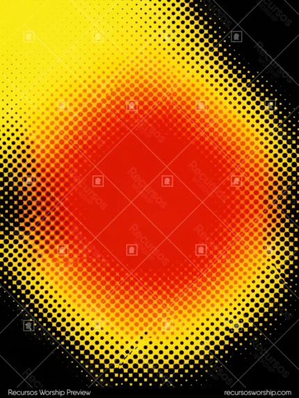 Textura halftone circular concentrica nucleo rojo naranja luminoso irradia amarillo negro puntos trama diferente tamaño vertical retro pop foco energia adoracion