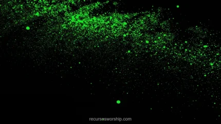 Nube particulas verde neon brillantes dispersas borde superior izquierdo hacia centro derecho fondo negro absoluto horizontal bioluminiscente flotantes espiritu vida misticismo digital