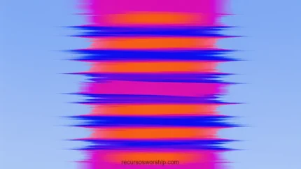 Bandas horizontales glitch rojo naranja vivo azul indigo profundo distorsion digital rayas irregulares fondo celeste claro horizontal alto contraste calido frio error digital pop louder worship
