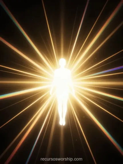 Silueta humana blanca radiante ascendente rayos luz dorados arcoiris espectrales irradian cuerpo central fondo oscuro marron negro vertical halo prismatico gloria transfiguracion resurreccion adoracion