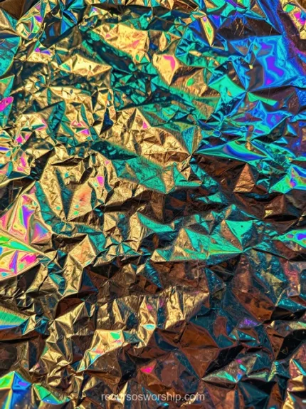 Textura macro lamina metalica arrugada iridiscencia holografica intensa dorado teal verde azulado cobre arcoiris pliegues vertical alta resolucion festiva premium adoracion gloria