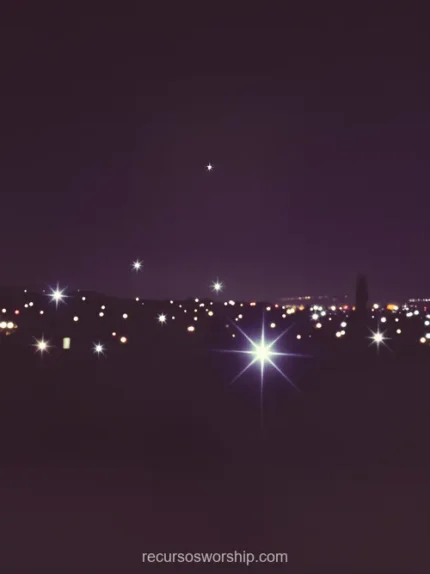 Paisaje nocturno urbano multiples destellos estelares luz artificial blanco amarillo fondo morado azul oscuro silueta edificios horizonte vertical cityscape bokeh starburst contemplativa mision ciudad